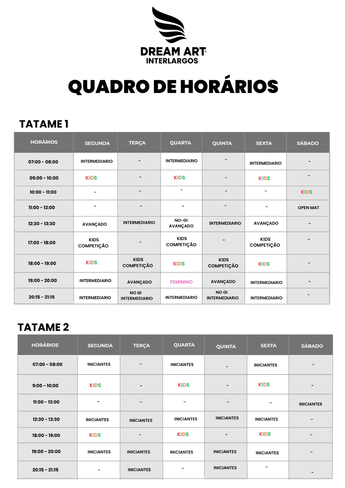 Grade de horários de aulas da Dream Art Interlagos